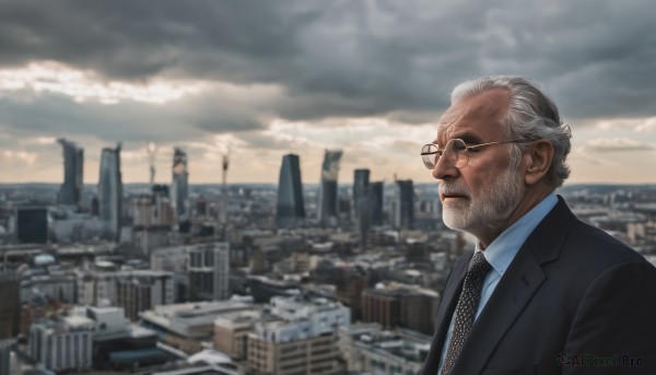 solo,shirt,1boy,closed mouth,jacket,white shirt,upper body,grey hair,male focus,outdoors,necktie,sky,glasses,collared shirt,cloud,blurry,black jacket,blurry background,facial hair,formal,cloudy sky,suit,building,black necktie,beard,city,realistic,mustache,cityscape,old,old man,white hair,day,from side,lips,profile,depth of field,wing collar,scenery,skyscraper,grey sky