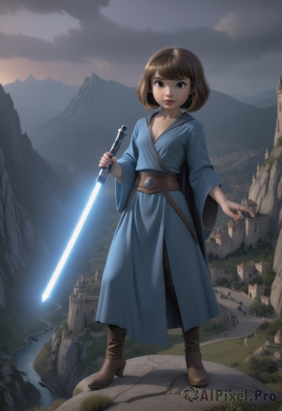 1girl,solo,breasts,looking at viewer,short hair,bangs,brown hair,long sleeves,holding,brown eyes,standing,full body,weapon,boots,outdoors,sky,belt,sword,cloud,wide sleeves,holding weapon,lips,brown footwear,holding sword,bob cut,cloudy sky,grass,building,robe,mountain,fantasy,castle,energy sword,lightsaber,dress,cleavage,small breasts,parted lips,black eyes,high heels,cosplay,watermark,genderswap (mtf),high heel boots