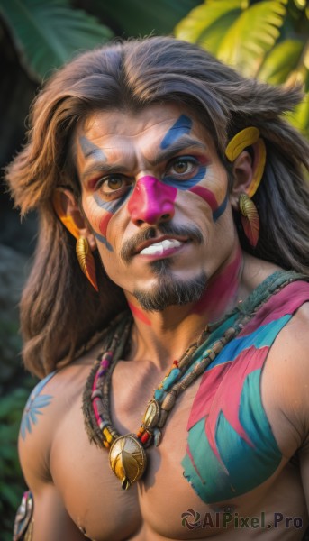 solo,long hair,looking at viewer,brown hair,black hair,1boy,brown eyes,jewelry,nipples,upper body,male focus,earrings,parted lips,teeth,dark skin,necklace,blurry,lips,tattoo,muscular,blurry background,facial hair,facial mark,piercing,thick eyebrows,feathers,pectorals,clenched teeth,beard,topless male,realistic,nose,mustache,goatee,facepaint,nipple piercing,manly,facial tattoo,chest hair,bodypaint,dreadlocks,tribal,tooth necklace,hair ornament,leaf,freckles