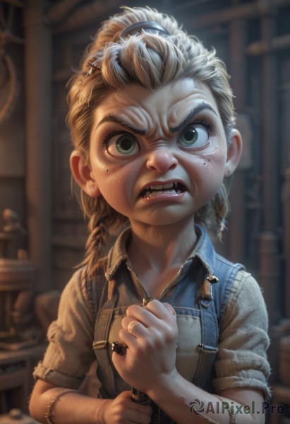 1girl,solo,long hair,looking at viewer,open mouth,blonde hair,shirt,jewelry,green eyes,upper body,braid,short sleeves,earrings,teeth,indoors,mole,blurry,twin braids,mole under eye,depth of field,blurry background,ring,suspenders,clenched hand,child,angry,freckles,realistic,female child,overalls,dirty,lips,fangs,watermark,aged down,clenched teeth,zipper,biting,stitches