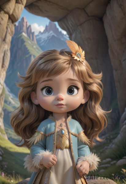 1girl,solo,long hair,looking at viewer,blue eyes,blonde hair,brown hair,hair ornament,long sleeves,dress,jewelry,standing,flower,outdoors,parted lips,sky,day,hair flower,necklace,bag,blue sky,lips,fur trim,blue dress,light brown hair,grass,feathers,child,pendant,freckles,mountain,female child,feather hair ornament,cliff,upper body,wavy hair,web address,rock,nose