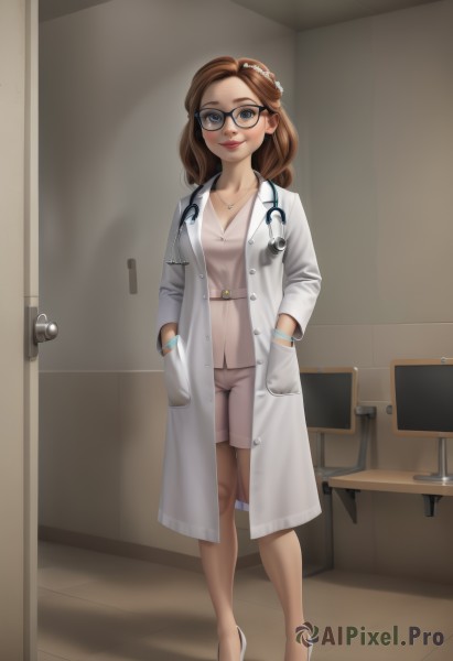 1girl,solo,long hair,breasts,looking at viewer,smile,blue eyes,brown hair,shirt,jewelry,medium breasts,closed mouth,standing,full body,glasses,shorts,indoors,necklace,high heels,bracelet,lips,chair,white footwear,black-framed eyewear,realistic,hands in pockets,door,labcoat,nurse,monitor,office chair,stethoscope,doctor,pantyhose,earrings,artist name,coat,formal,table,suit,office lady,office