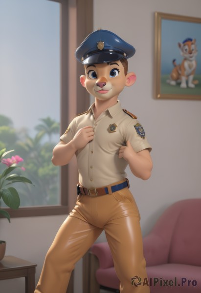 solo,looking at viewer,smile,open mouth,blue eyes,brown hair,shirt,1boy,hat,animal ears,standing,tail,flower,short sleeves,male focus,teeth,collared shirt,belt,pants,artist name,indoors,blurry,uniform,window,blurry background,chair,table,plant,furry,pink flower,blue headwear,potted plant,breast pocket,furry male,male child,brown pants,badge,police,police uniform,vase,police hat,buck teeth,orange pants,short hair,closed mouth,white shirt,buckle,personification,belt buckle,shirt tucked in,painting (object),humanization,blue belt,reference inset