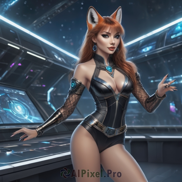 1girl,solo,long hair,breasts,looking at viewer,bangs,brown hair,animal ears,cleavage,bare shoulders,brown eyes,jewelry,medium breasts,standing,cowboy shot,earrings,parted lips,detached sleeves,belt,nail polish,orange hair,mole,leotard,lips,fingernails,grey eyes,fox ears,clothing cutout,makeup,cleavage cutout,lipstick,black nails,black leotard,long fingernails,science fiction,contrapposto,sharp fingernails,red lips,smile,large breasts,artist name,glowing,fox girl,hoop earrings,realistic