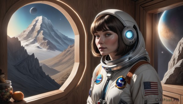 1girl,solo,looking at viewer,short hair,bangs,brown hair,black hair,brown eyes,upper body,food,sky,indoors,blunt bangs,lips,window,fruit,moon,bob cut,helmet,star (sky),reflection,science fiction,mountain,realistic,nose,space,planet,earth (planet),american flag,spacecraft,spacesuit,japanese flag,space helmet,astronaut,blue eyes,closed mouth,headphones,sunlight,scenery,zipper,starry sky,sun