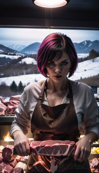 1girl,solo,breasts,looking at viewer,short hair,bangs,blue eyes,shirt,black hair,holding,cleavage,standing,white shirt,pink hair,purple hair,multicolored hair,earrings,outdoors,parted lips,food,day,blurry,apron,tree,lips,blood,makeup,knife,lipstick,snow,sleeves rolled up,mountain,realistic,red lips,holding knife,cooking,meat,black apron,cutting board,pine tree,long sleeves,jewelry,collarbone,upper body,artist name,indoors,signature,dirty,kitchen,kitchen knife,onion