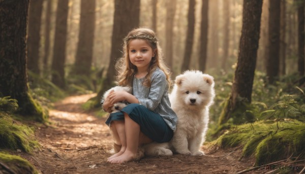 1girl,solo,long hair,looking at viewer,blue eyes,skirt,brown hair,shirt,long sleeves,brown eyes,sitting,braid,outdoors,barefoot,day,blurry,feet,tree,lips,depth of field,blurry background,animal,sunlight,grass,plant,nature,forest,freckles,dog,realistic,nose,head wreath,on ground,dirty,blonde hair,dress,signature,necklace,squatting,aged down,child,female child,dirty feet