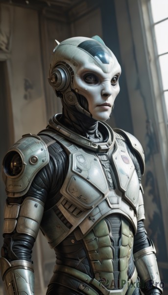 solo,1boy,brown eyes,upper body,male focus,indoors,signature,armor,blurry,lips,window,colored skin,helmet,robot,science fiction,realistic,android,cyborg,alien,power armor,1girl,looking at viewer