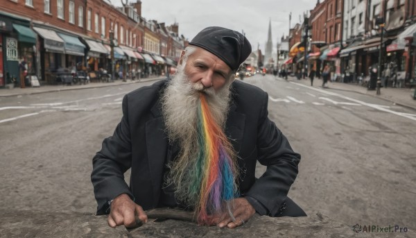 solo,long sleeves,1boy,hat,jewelry,jacket,upper body,white hair,male focus,outdoors,solo focus,day,black jacket,black headwear,facial hair,formal,ring,suit,ground vehicle,building,motor vehicle,beard,city,realistic,mustache,car,road,old,old man,street,photo background,real life insert,grey sky,real world location,looking at viewer,shirt,food,sky,cloud,blurry,blurry background,beret,parody,eating,meme,crowd,what,fine art parody,people,crosswalk