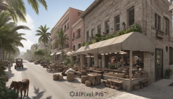 outdoors,sky,day,cloud,blurry,tree,blue sky,no humans,window,animal,umbrella,chair,beach,table,plant,building,scenery,city,sand,palm tree,door,potted plant,road,house,street,shop,barrel,crate,cart,multiple boys,depth of field,ground vehicle,motor vehicle,dog,sign