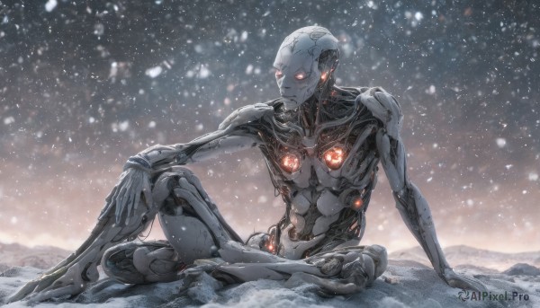 solo, red eyes, 1boy, sitting, male focus, outdoors, glowing, robot, glowing eyes, snow, science fiction, knee up, snowing, android, cable, cyborg