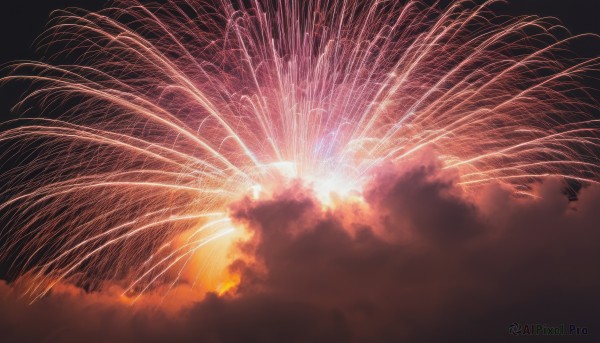 outdoors,sky,cloud,no humans,night,cloudy sky,star (sky),night sky,scenery,sunset,silhouette,light,dark,fireworks,aerial fireworks,signature,flying