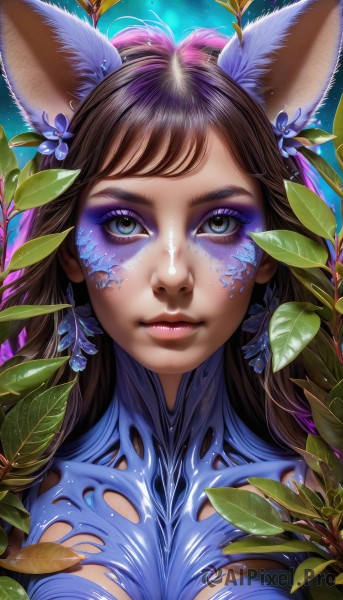 1girl,solo,long hair,breasts,looking at viewer,bangs,blue eyes,brown hair,hair ornament,animal ears,medium breasts,closed mouth,upper body,flower,shiny,artist name,cat ears,hair flower,lips,fox ears,eyelashes,makeup,leaf,watermark,facial mark,plant,lipstick,portrait,eyeshadow,pink lips,nose,eyeliner,mascara,large breasts,bodysuit,freckles,realistic,facepaint,bodypaint