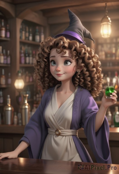 1girl,solo,long hair,breasts,blush,smile,brown hair,hat,dress,holding,cleavage,jewelry,collarbone,earrings,small breasts,indoors,wide sleeves,blurry,cup,lips,grey eyes,witch hat,depth of field,blurry background,bottle,holding cup,alcohol,drinking glass,freckles,curly hair,robe,witch,candle,shelf,bar (place),counter,potion,brown eyes,upper body,apron,wavy hair,thick eyebrows