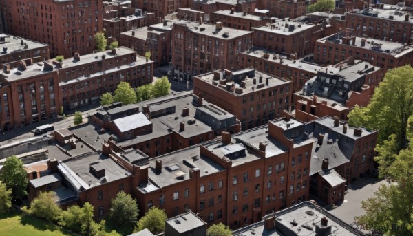 outdoors,day,tree,no humans,window,from above,building,scenery,city,road,cityscape,house,street,bush,rooftop