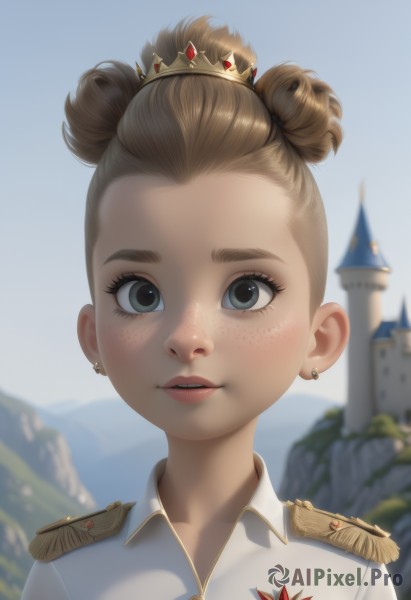 1girl,solo,looking at viewer,short hair,blonde hair,brown hair,shirt,jewelry,white shirt,upper body,earrings,outdoors,parted lips,sky,day,collared shirt,hair bun,blurry,uniform,black eyes,blue sky,lips,grey eyes,military,double bun,blurry background,single hair bun,crown,portrait,forehead,freckles,epaulettes,castle,smile,open mouth,teeth,eyelashes,military uniform,white jacket,stud earrings