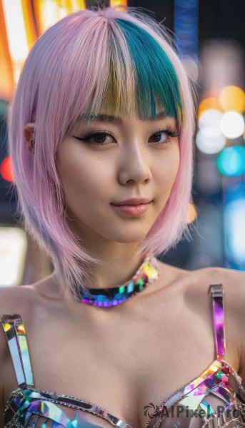 1girl,solo,breasts,looking at viewer,smile,short hair,bangs,cleavage,bare shoulders,brown eyes,medium breasts,closed mouth,underwear,collarbone,upper body,pink hair,multicolored hair,choker,bra,blurry,black eyes,two-tone hair,lips,streaked hair,depth of field,blurry background,realistic,jewelry,blue hair,artist name,blunt bangs,eyelashes,makeup,watermark,lipstick,portrait,web address,cyberpunk