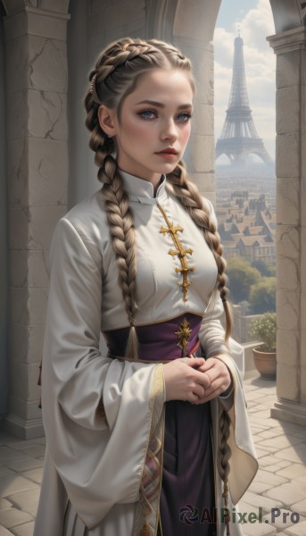 1girl,solo,long hair,breasts,looking at viewer,blue eyes,brown hair,long sleeves,dress,jewelry,medium breasts,standing,braid,cowboy shot,earrings,outdoors,parted lips,sky,day,artist name,cloud,wide sleeves,white dress,twin braids,blue sky,lips,own hands together,plant,building,hair over shoulder,forehead,gold trim,potted plant,wall,pillar,castle,arch,blonde hair,makeup,cross,realistic,nose,red lips