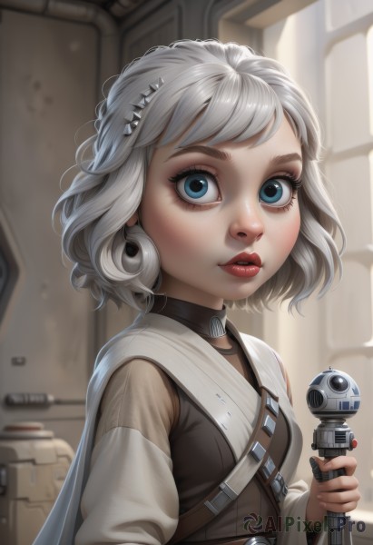 1girl,solo,breasts,looking at viewer,short hair,bangs,blue eyes,hair ornament,long sleeves,holding,upper body,weapon,white hair,grey hair,small breasts,parted lips,belt,artist name,indoors,cape,blurry,lips,eyelashes,makeup,blurry background,lipstick,freckles,realistic,nose,red lips,mascara,choker,watermark,web address