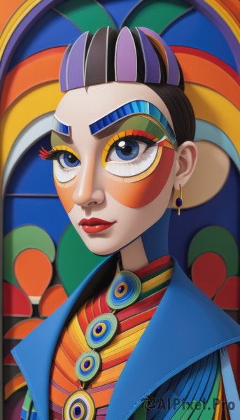 1girl,solo,looking at viewer,smile,blue eyes,black hair,jewelry,closed mouth,upper body,multicolored hair,earrings,lips,eyelashes,makeup,lipstick,gem,portrait,multicolored clothes,eyeshadow,red lips,eyeliner,facepaint,clown,white hair,two-tone hair,thick eyebrows,cross