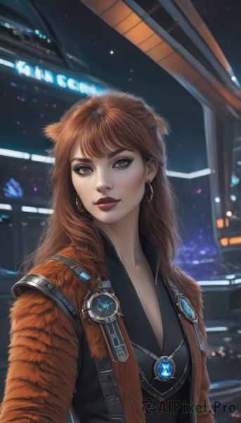 1girl,solo,long hair,looking at viewer,bangs,brown hair,brown eyes,jewelry,jacket,upper body,earrings,parted lips,necklace,lips,makeup,night,lipstick,freckles,science fiction,hoop earrings,realistic,red lips,breasts,smile,pendant,cyberpunk