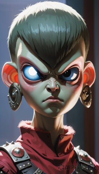 1girl,solo,looking at viewer,short hair,blue eyes,shirt,1boy,jewelry,closed mouth,male focus,earrings,colored skin,frown,portrait,serious,realistic,nose,green skin,very short hair,mohawk,jacket,upper body,v-shaped eyebrows,glowing,glowing eyes,red jacket,spikes,facepaint