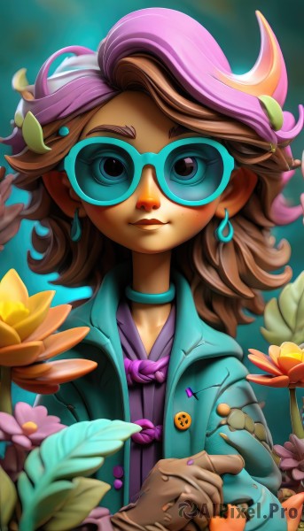 1girl,solo,long hair,looking at viewer,smile,blue eyes,brown hair,hair ornament,gloves,jewelry,closed mouth,jacket,upper body,purple hair,flower,multicolored hair,earrings,parted lips,open clothes,glasses,choker,artist name,dark skin,medium hair,blurry,two-tone hair,open jacket,dark-skinned female,lips,eyelashes,makeup,blurry background,leaf,watermark,sunglasses,lipstick,crescent,pink flower,brown gloves,eyeshadow,freckles,yellow flower,round eyewear,purple flower,purple shirt,tinted eyewear,yellow-framed eyewear,blue-tinted eyewear,shirt,pink hair,nail polish,streaked hair,coat,hoop earrings