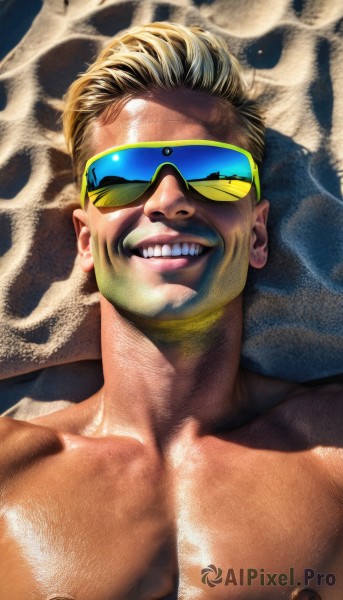 solo,looking at viewer,smile,short hair,blonde hair,1boy,nipples,collarbone,upper body,male focus,teeth,shiny,grin,shiny skin,muscular,facial hair,sunglasses,pectorals,muscular male,goggles,bara,large pectorals,topless male,realistic,manly,open mouth,nude,artist name,signature,lips,shadow,portrait,tinted eyewear