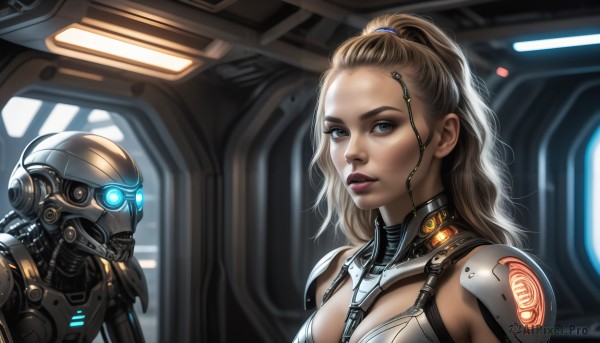 HQ,1girl,long hair,breasts,looking at viewer,blue eyes,blonde hair,brown hair,1boy,cleavage,medium breasts,upper body,ponytail,armor,lips,makeup,glowing,helmet,robot,mecha,1other,science fiction,realistic,nose,cyborg,hair pulled back,alien,power armor,power suit,brown eyes,indoors,grey eyes,wavy hair,between breasts,glowing eyes,forehead,cyberpunk,earpiece