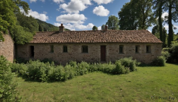 outdoors,sky,day,cloud,tree,blue sky,no humans,window,cloudy sky,grass,plant,building,nature,scenery,forest,bush,wall,house,door