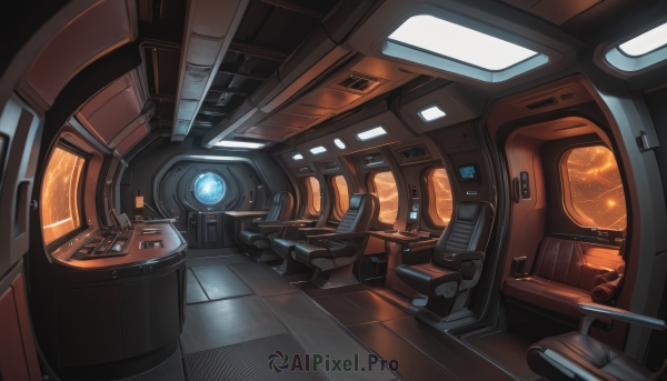 indoors,no humans,window,glowing,scenery,reflection,science fiction,spacecraft,cockpit,seat,1boy,helmet,robot,mecha,machinery,realistic,pilot suit,space,spacesuit,lights,pilot