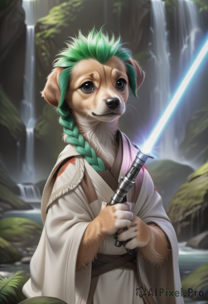 solo,long hair,1boy,holding,animal ears,closed mouth,standing,weapon,braid,male focus,cowboy shot,outdoors,green hair,day,sword,artist name,wide sleeves,water,holding weapon,blurry,black eyes,single braid,parody,holding sword,hair over shoulder,furry,robe,furry female,furry male,body fur,white fur,animal nose,waterfall,whiskers,snout,brown fur,energy sword,white robe,furrification,lightsaber,leaf,dog ears,rock