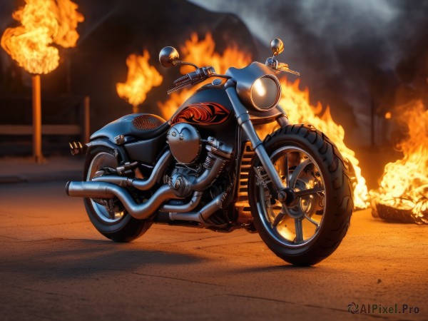 solo,outdoors,no humans,fire,ground vehicle,motor vehicle,smoke,road,motorcycle,on motorcycle,blurry,blurry background,vehicle focus