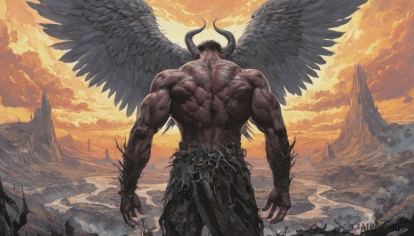 solo,black hair,1boy,standing,male focus,outdoors,wings,horns,sky,pants,cloud,fingernails,muscular,abs,cloudy sky,pectorals,muscular male,demon horns,bara,feathered wings,large pectorals,black wings,veins,topless male,mountain,demon,demon boy,spread wings,facial hair,scenery,demon wings,sunset,angel,giant,multiple wings,orange sky