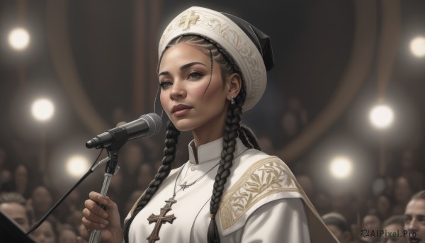 1girl,long hair,breasts,black hair,hat,holding,brown eyes,jewelry,upper body,braid,earrings,parted lips,multiple boys,solo focus,dark skin,necklace,white dress,blurry,black eyes,twin braids,dark-skinned female,lips,blurry background,white headwear,cross,microphone,forehead,6+boys,realistic,nose,music,holding microphone,cross necklace,singing,microphone stand,crowd,concert,solo,looking at viewer,cape,multiple others,cross earrings,very dark skin,latin cross,multiple braids