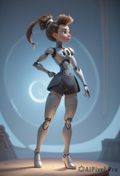 1girl,solo,long hair,smile,brown hair,thighhighs,brown eyes,closed mouth,standing,full body,ponytail,shorts,armor,blurry,high heels,lips,hand on hip,makeup,blurry background,moon,high ponytail,robot,science fiction,nose,android,joints,mechanical arms,cyborg,hair pulled back,robot joints,cyberpunk,mechanical parts,mechanical legs,blue background