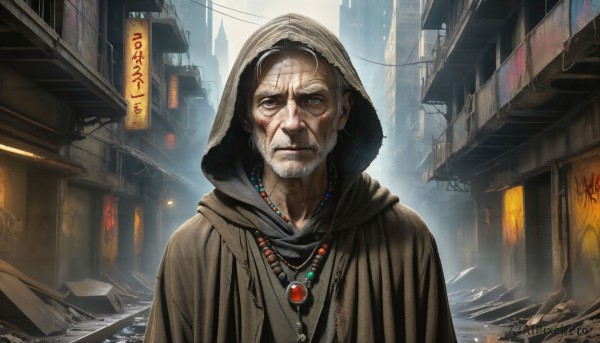 HQ,solo,looking at viewer,blue eyes,1boy,jewelry,upper body,white hair,grey hair,male focus,outdoors,hood,necklace,blood,facial hair,building,cloak,beard,hood up,city,realistic,ruins,old,old man,old woman,1girl,closed mouth,capelet,scenery,sign,cityscape,hooded cloak,alley,wrinkled skin