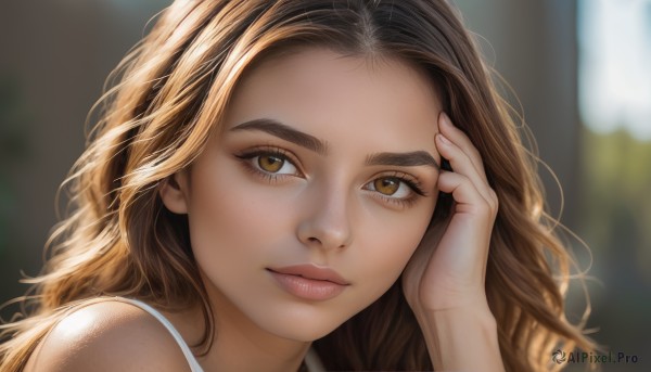 1girl,solo,long hair,looking at viewer,brown hair,brown eyes,closed mouth,hand up,blurry,lips,eyelashes,depth of field,blurry background,wavy hair,thick eyebrows,portrait,close-up,forehead,freckles,realistic,nose,bare shoulders,day,artist name,fingernails,hand on own face