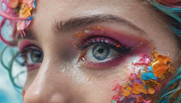 1girl, solo, brown eyes, sky, blurry, eyelashes, makeup, depth of field, close-up, eyeshadow, freckles, fish, realistic, eyeliner, mascara, eye focus