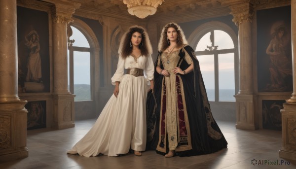 long hair,looking at viewer,multiple girls,brown hair,black hair,long sleeves,dress,2girls,jewelry,standing,full body,belt,indoors,necklace,cape,white dress,bracelet,window,holding hands,cloak,robe,pillar,statue,breasts,cleavage,brown eyes,medium breasts,earrings,lips,hand on hip,fur trim,brown footwear,pendant,red lips