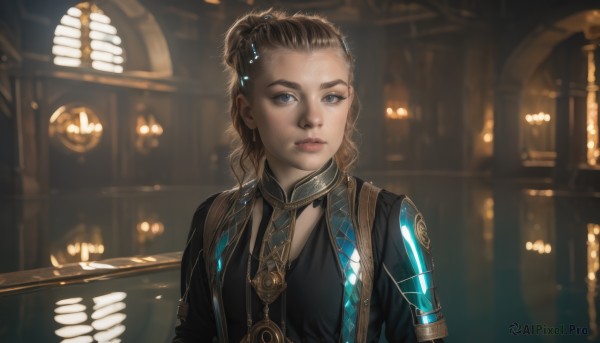 1girl,solo,long hair,looking at viewer,blue eyes,brown hair,hair ornament,jewelry,closed mouth,upper body,indoors,necklace,blurry,lips,grey eyes,blurry background,forehead,freckles,reflection,realistic,nose,hair pulled back,parted lips,backlighting,science fiction