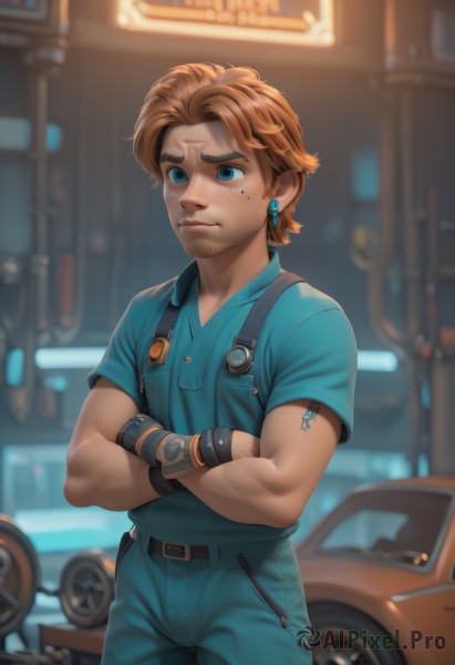 A male surrounded by a captivating dynamic scene