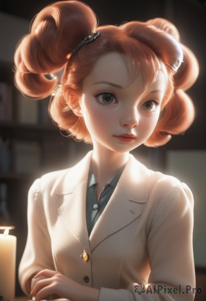 1girl,solo,looking at viewer,short hair,brown hair,shirt,hair ornament,long sleeves,jewelry,closed mouth,upper body,collared shirt,artist name,indoors,orange hair,blurry,cup,lips,grey eyes,eyelashes,buttons,depth of field,blurry background,blue shirt,freckles,curly hair,realistic,nose,labcoat,twintails,red hair,nail polish,dress shirt,makeup,watermark,web address,backlighting,deviantart username