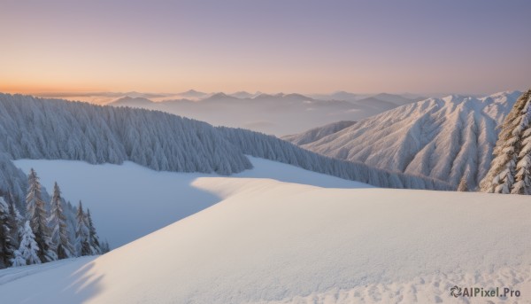 outdoors,sky,day,cloud,tree,blue sky,no humans,nature,scenery,snow,forest,sunset,mountain,winter,bare tree,landscape,mountainous horizon,gradient sky,pine tree,sun,orange sky