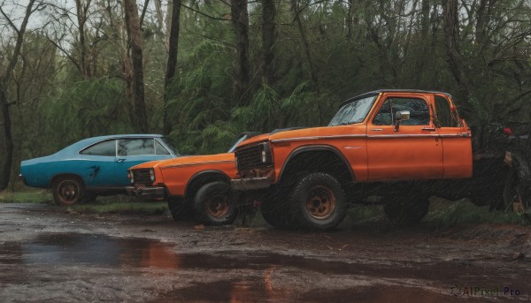 1boy,weapon,outdoors,multiple boys,2boys,tree,gun,no humans,ground vehicle,nature,scenery,motor vehicle,forest,car,road,vehicle focus,sports car,truck,day,grass,reflection,realistic,puddle