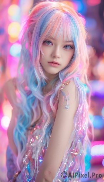 1girl,solo,long hair,looking at viewer,bangs,blue eyes,dress,bare shoulders,jewelry,closed mouth,blue hair,upper body,pink hair,multicolored hair,sleeveless,artist name,blurry,two-tone hair,lips,grey eyes,makeup,depth of field,blurry background,wavy hair,gem,realistic,nose,breasts,white hair,blunt bangs,necklace,bracelet,streaked hair,sleeveless dress,watermark,cross,bokeh,pearl (gemstone)