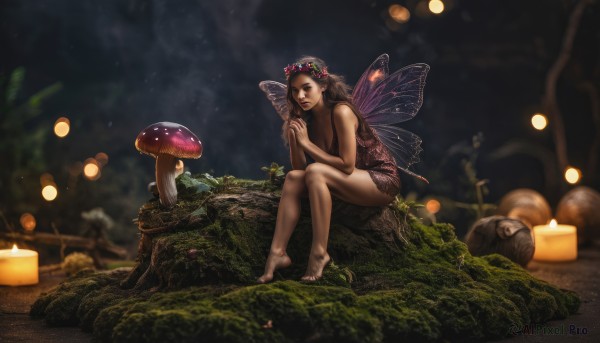 1girl,solo,long hair,brown hair,hair ornament,dress,bare shoulders,brown eyes,sitting,flower,outdoors,wings,barefoot,blurry,feet,tree,legs,bare legs,night,depth of field,own hands together,nature,forest,minigirl,lantern,realistic,fairy wings,fairy,head wreath,mushroom,dirty,moss,tree stump,log,dirty feet,bug,candle,own hands clasped,butterfly wings,praying