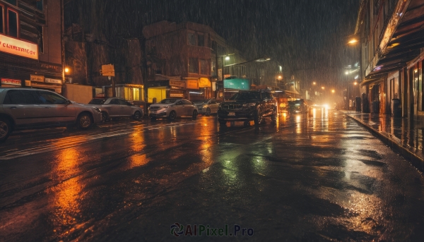 outdoors,sky,no humans,night,ground vehicle,building,night sky,scenery,motor vehicle,reflection,rain,city,sign,car,light,road,cityscape,vehicle focus,lamppost,street,puddle,city lights,lights,crosswalk,water,wet,window,dark