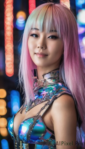 1girl,solo,long hair,breasts,looking at viewer,smile,bangs,animal ears,cleavage,bare shoulders,brown eyes,medium breasts,closed mouth,upper body,pink hair,multicolored hair,small breasts,blurry,black eyes,two-tone hair,lips,blurry background,zipper,realistic,nose,collar,gradient hair,makeup,depth of field,science fiction,cyberpunk