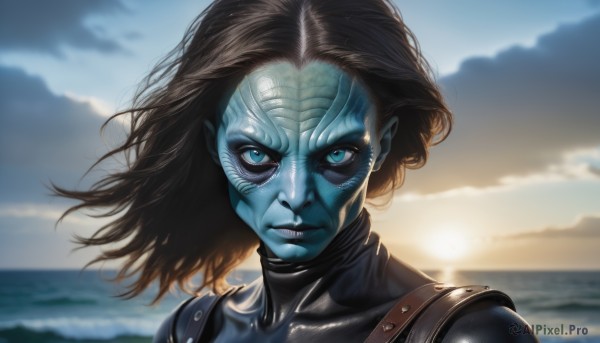 1girl,solo,looking at viewer,short hair,blue eyes,brown hair,outdoors,sky,cloud,medium hair,water,blurry,lips,bodysuit,blurry background,colored skin,ocean,facial mark,portrait,science fiction,sunset,realistic,blue skin,animification,cyborg,alien,cyberpunk,black hair,closed mouth,upper body,cloudy sky,wind,close-up,backlighting,serious,facepaint,grey skin,sunrise